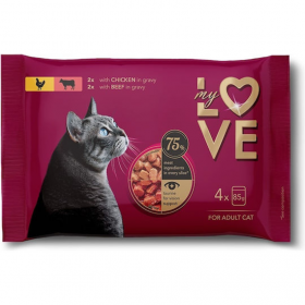 Пауч за котки My Love Adult cats  with chicken, beef 4 броя с Пилешко и телешко месо в сос